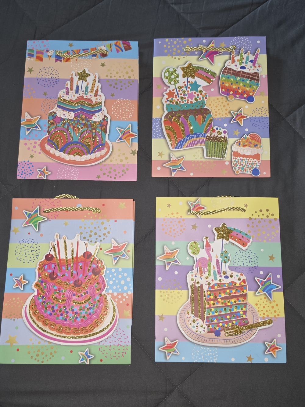 4 Colorful Birthday Cake Gift Bags - Multicolor Party Supplies New